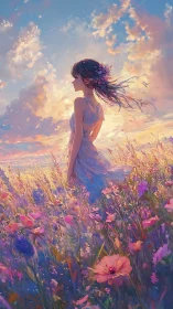 Gentle sunset breeze carries a girl through a wildflower dream