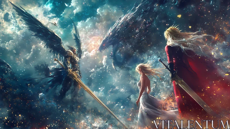 Starlit swords divide heaven as winged warriors storm forward