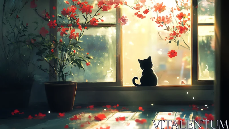 Backlit cat silhouette framed by red blossoms and diffuse bokeh light