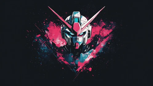 Mech helmet bursts through neon ink splatter collision