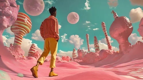 Person walking in stylized pink fantasy landscape under moons.