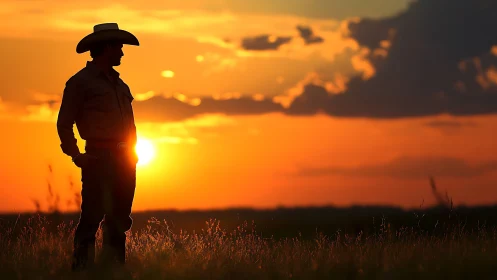 Silhouette of cowboy standing in field at vivid sunset sky.