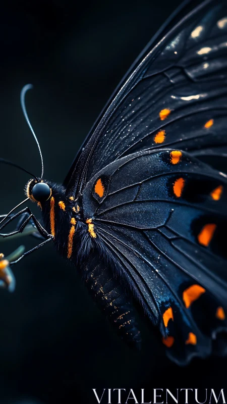 Midnight butterfly armor aglow with ember-bright constellations.