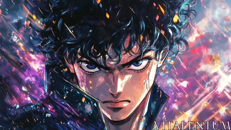 Intense blue eyed anime hero in dynamic neon energy burst