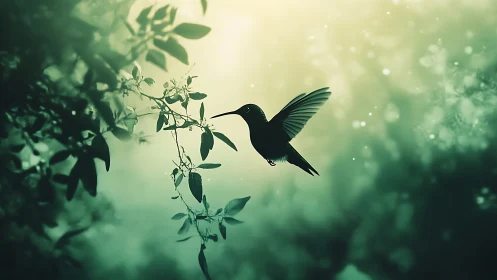 Hummingbird in Flight Among Leaves, Dreamy Nature Scene.