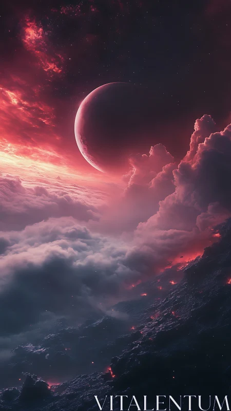 Crimson planet above storm clouds and volcanic ridge.
