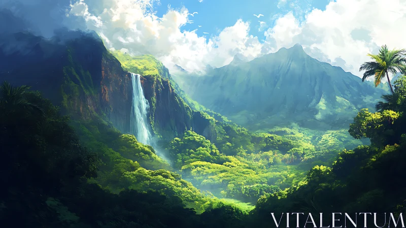 Sunlit jungle valley cradling a misty mountain waterfall.