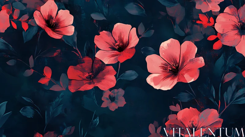 Red and Coral Flowers on Dark Teal Background.