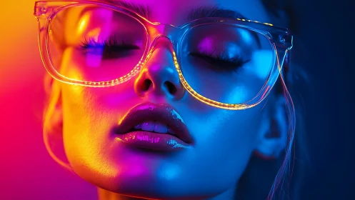 Neon lit close up portrait with oversized clear glasses.