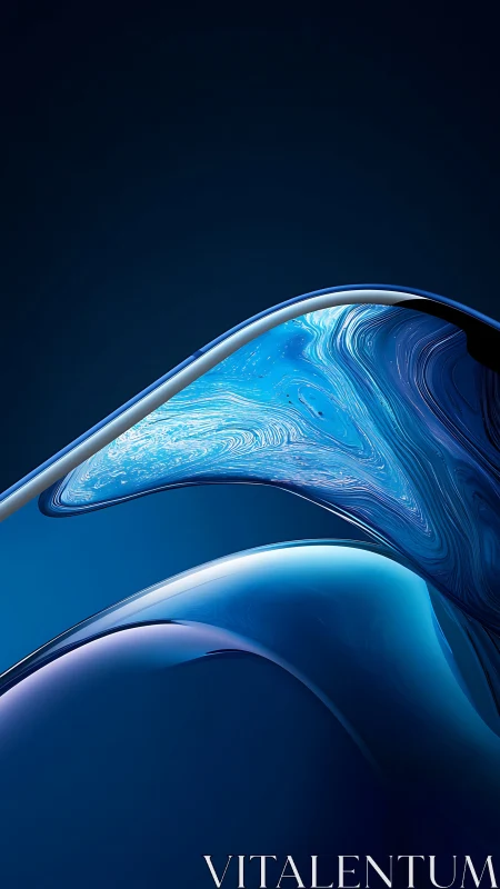 Fluid blue abstract wave with glasslike digital curves.