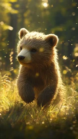 Sunlit bear cub bounds playfully through a golden forest