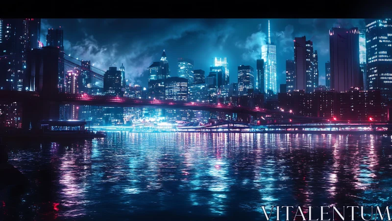 Neon lit futuristic city skyline over reflective river at night.