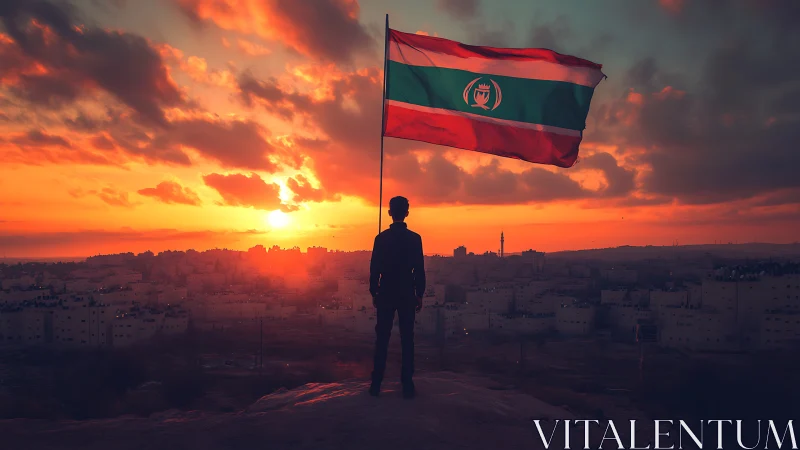 Silhouetted observer holds tricolor flag above city at vivid sunset