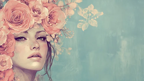 Floral crowned portrait integrates pastel roses with muted teal ground