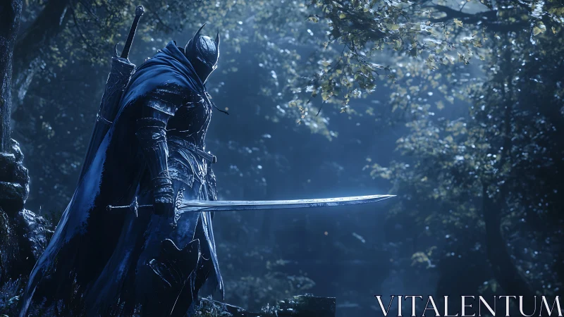 Lone armored knight resting in a moonlit forest glade.