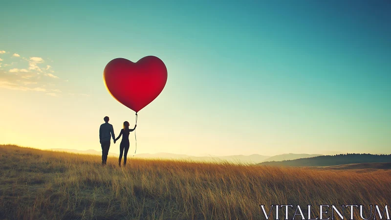 Couple Holding Red Heart-Shaped Balloon in Open Field
