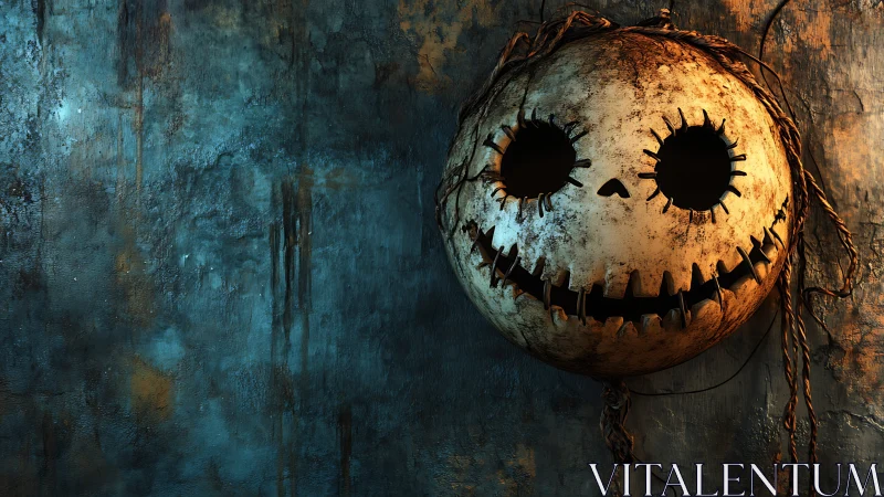 Corroded pumpkin mask on textured concrete wall, side lit