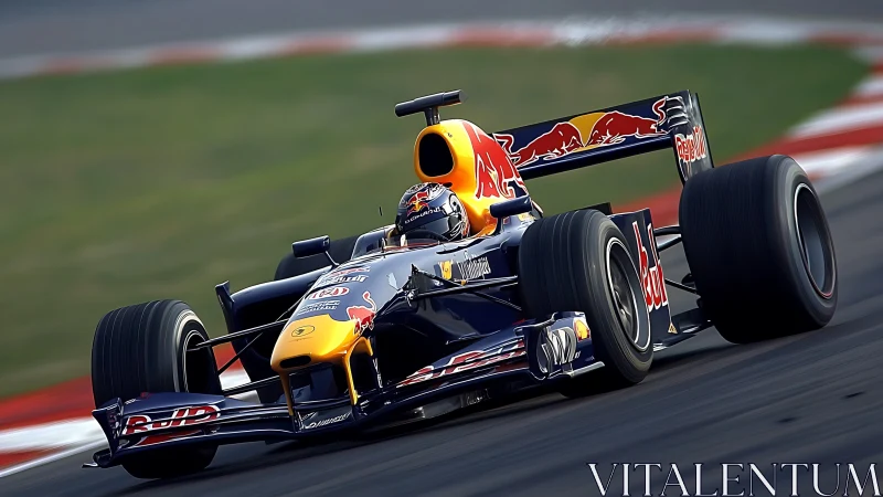 Red Bull racer knifes through a high-speed circuit dusk.
