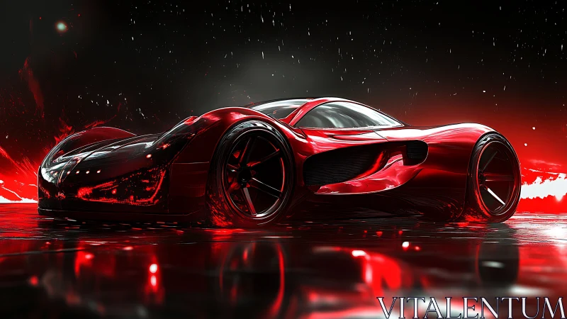 Red aerodynamic concept car is rendered in a wet night scene