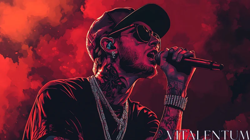 Dynamic rapper silhouette in vivid red concert spotlight.