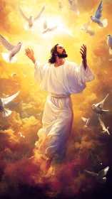 Radiant robed figure ascending amid doves in golden clouds