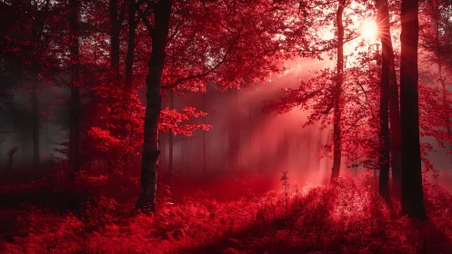 Crimson Forest Awakening at Dawn—Atmospheric Woodland Landscape.
