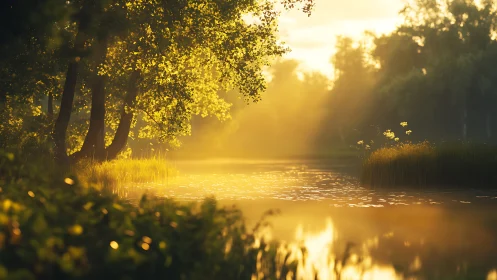 Sunlit forest pond with trees and reeds in warm haze.