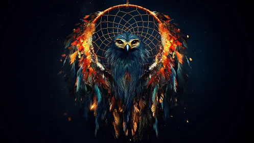 Luminescent eagle totem integrated with fiery dreamcatcher