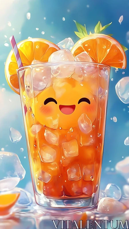 Sunny orange drink character smiles from a glass of ice