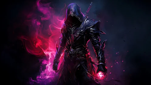 Dark hooded mage wielding glowing red and purple magic.