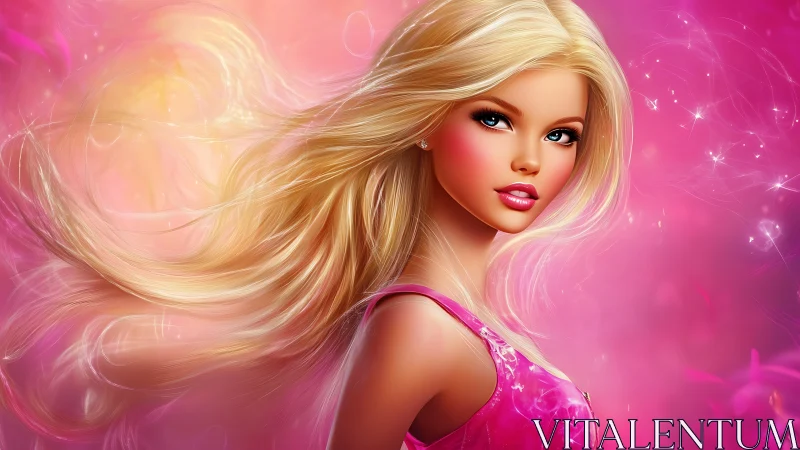 Glamorous blonde doll heroine glows in dreamy pink light