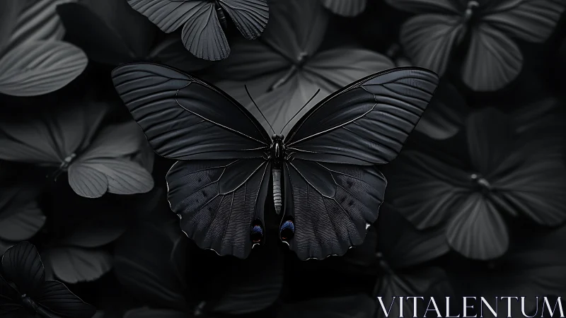 Midnight butterfly resting quietly in a velvety shadow garden.