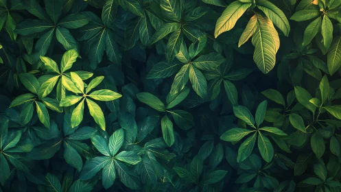 Sunlit jungle foliage forms dense overlapping leaf canopy