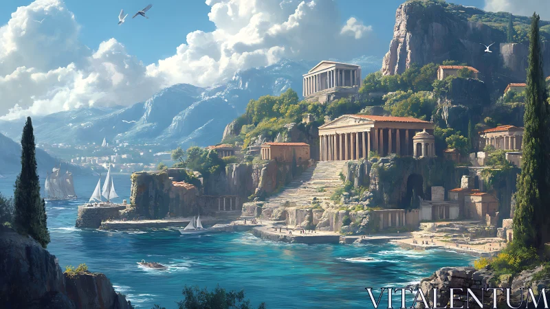 Digital seascape of grand cliffside temples and harbor.