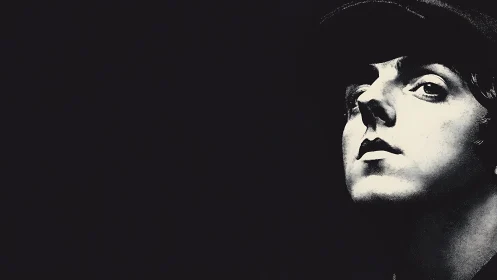 Half-lit rebel face emerging from velvet-black silence.