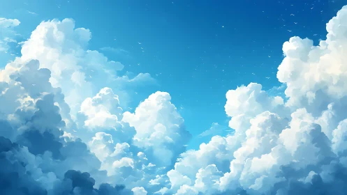 Sunlit cumulus clouds gathered under clear blue sky.