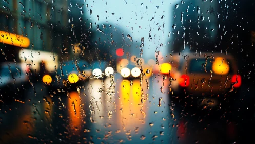 Urban traffic lights viewed through rain covered window.