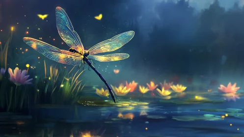 Digital painting of luminous dragonfly over nocturne pondscape.