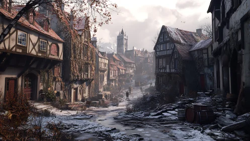 Snow-dusted medieval village street rendered in moody photorealism