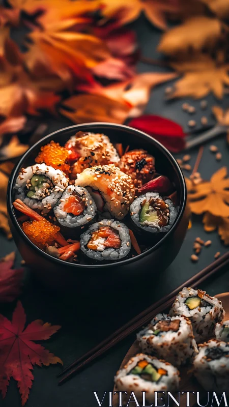 Sushi autumn orchestra rolls warm flavor notes in crisp leaves