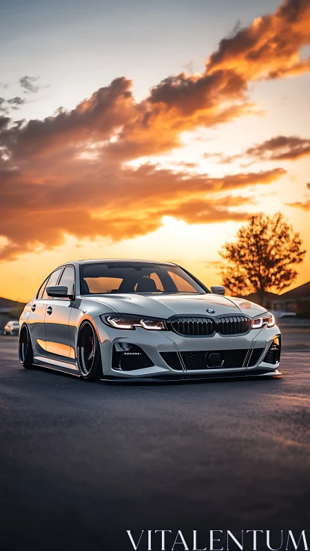 Lowered silver sedan stands on empty road at vivid sunset