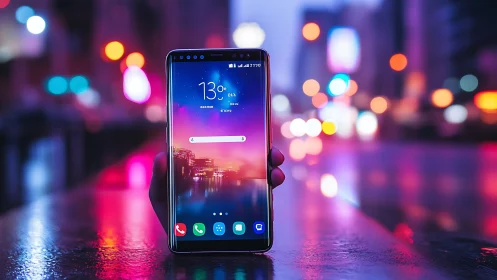 Smartphone glowing in neon night cityscape with bokeh lights