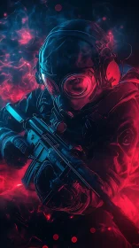 Cyber neon commando portrait with dual-tone atmospheric glow.