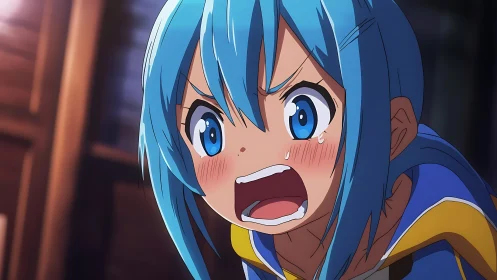 Blue haired anime heroine mid-meltdown in vivid outrage.