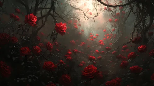 Dark forest clearing filled with glowing red roses at dawn.