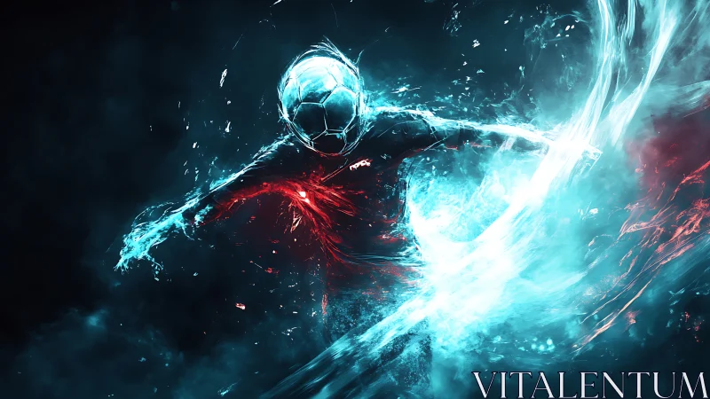 Kinetic digital soccer figure in luminous cyan energy field.
