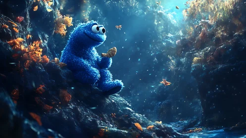 Blue furry character in luminous underwater canyon environment