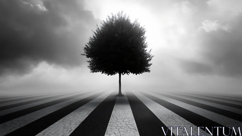 Solitary tree interrupts infinity of monochrome marching stripes