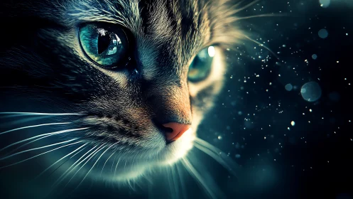 Feline with Luminous Turquoise Eyes in Particle Light.
