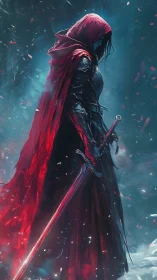 Hooded warrior in red cloak holds sword amid swirling mist